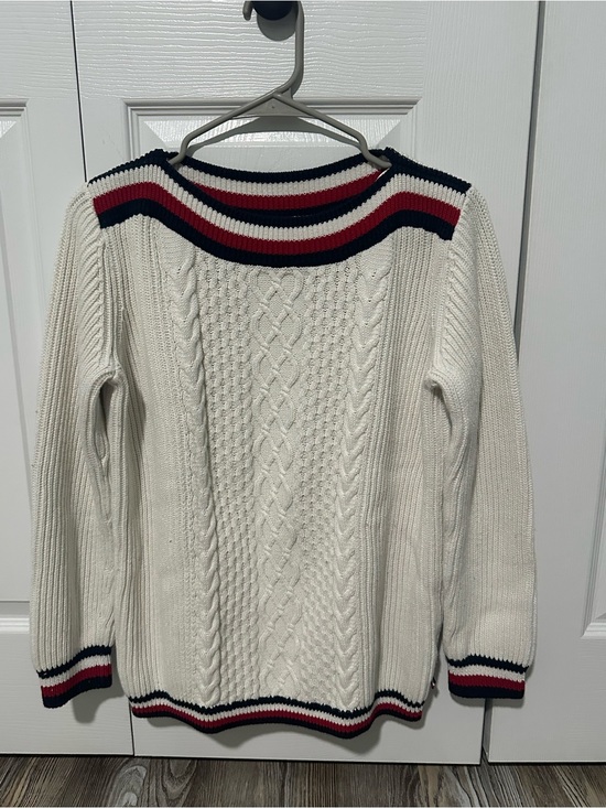 Tommy Hilfiger Sweaters - Tommy Hilfiger Cream Cable-Knit Sweater with Navy & Red Stripe Accents